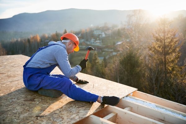 Carpenter hammering nail into OSB panel on the roof top of future cottage in the evening. Man worker building wooden frame house. Carpentry and construction concept.