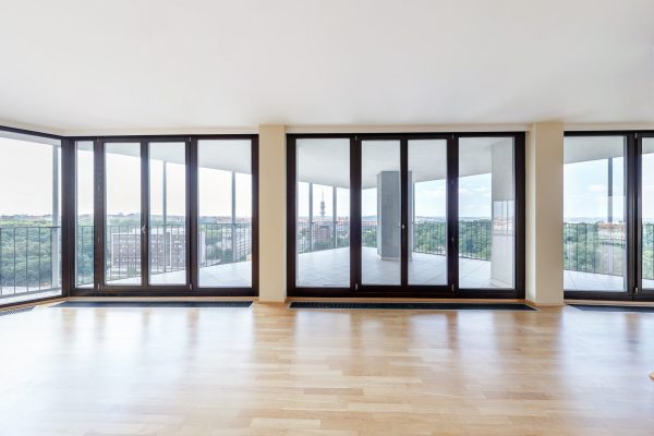 Modern white empty loft apartment interior, living room hall, ace panorama, Overlooking the metropolis city